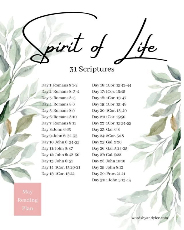 Happy May! It's a new month and that means a new article and reading plan. Come study the Spirit of Life with me! Here's my prayer for us from my article:
"Father, We praise you! What you’ve done for us is nothing short from remarkable. We are amazed and humbled that you would go to such great lengths for our eternal life and life lived right now as air still fills our lungs. Oh don’t let us take this gift for granted or dormant within. Renew our minds, have your way, change us and make us life-givers as we’re changed by the Spirit of Life. Let Life flow from us, our words, actions, and thoughts. We want to be life-givers too. I pray for the hearts reading this. Change them Lord. Change me Lord. Every. Single. Day. Amen.” 
Grab the reading plan! I pray your May is beautiful.

#HolySpirit #May #Biblereadingplan #Life
